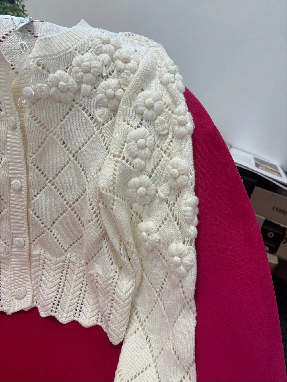 New Caroline Constas Cream Floral Knit Button-Up Women's Sweater Cardigan small - Picture 4 of 15